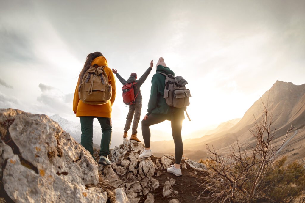 Group of happy young tourists in mountains