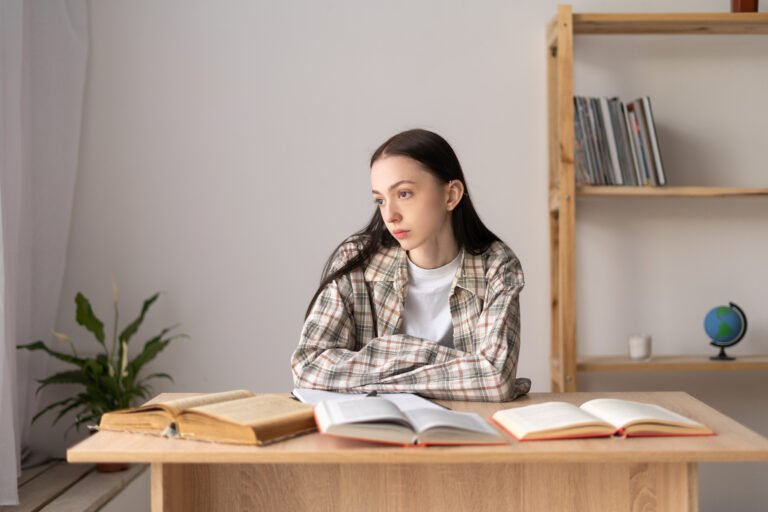 Stressed asian college student tired of hard studying with books while preparing for exams, overworked high school student exhausted from hard study and amount of homework, study troubles