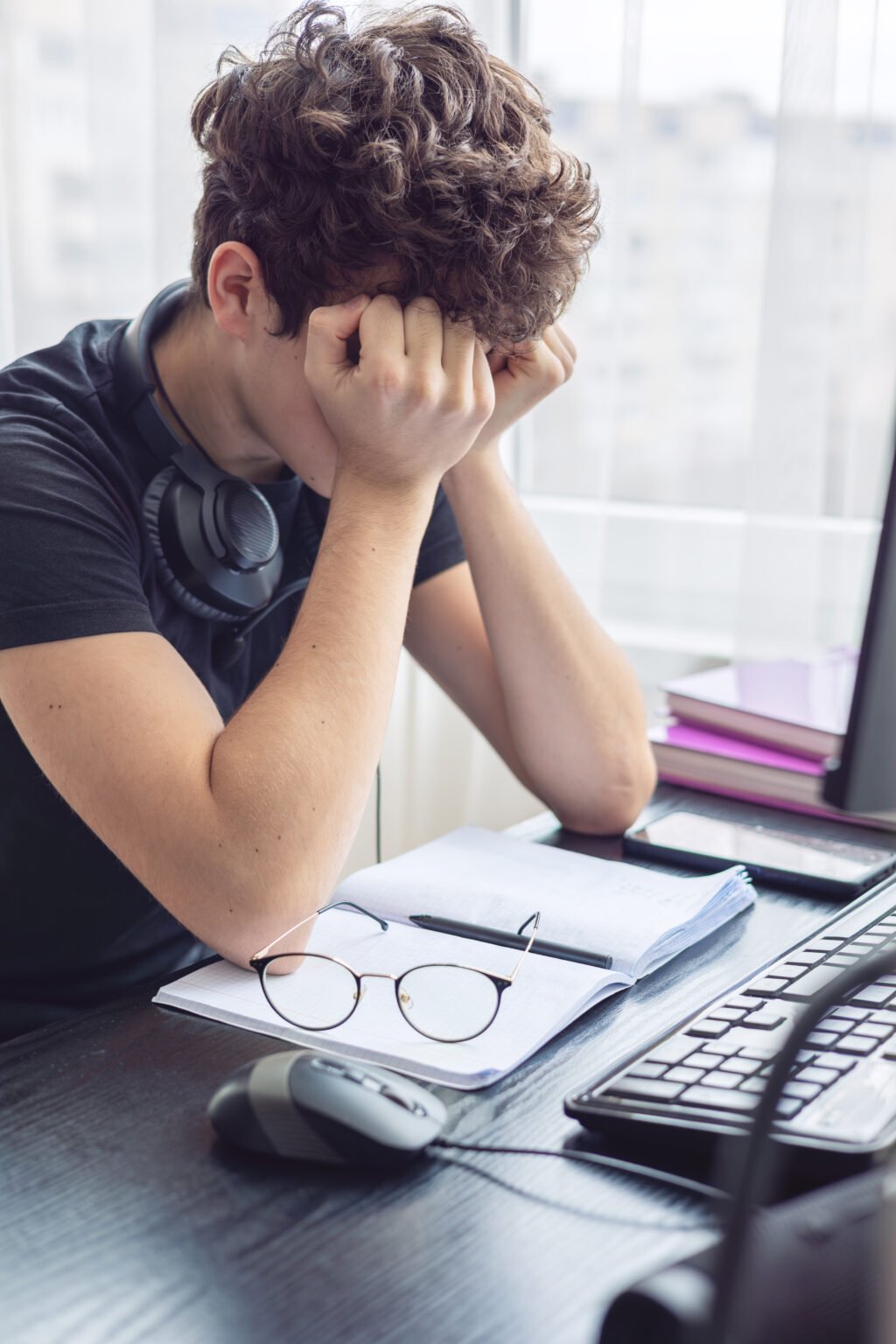 Stressed Out Student. Study Burnout. Overwhelmed. Anxiety. Mental Fatigue. onlinelearning. Overwhelmed Teenager Struggling with Studying and Exam Stress. Learning Difficulties, ADHD, Autism. cyberbullying. Copyspace