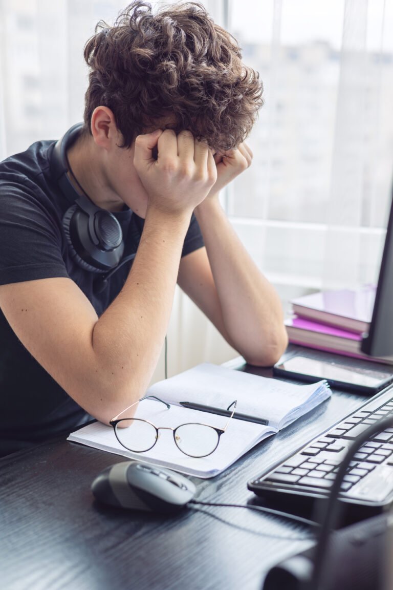 Stressed Out Student. Study Burnout. Overwhelmed. Anxiety. Mental Fatigue. onlinelearning. Overwhelmed Teenager Struggling with Studying and Exam Stress. Learning Difficulties, ADHD, Autism. cyberbullying. Copyspace