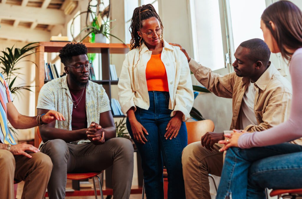 Woman standing in group therapy.