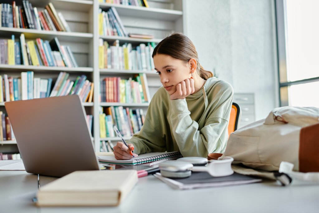 Teenage girl diligently studying in a quiet library after school with her homework and laptop