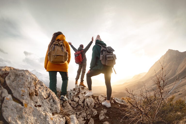 Group of happy young tourists in mountains