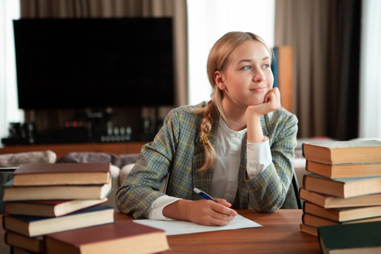 Young cute smiling girl student sitting with books at table in classroom or library. Back to school