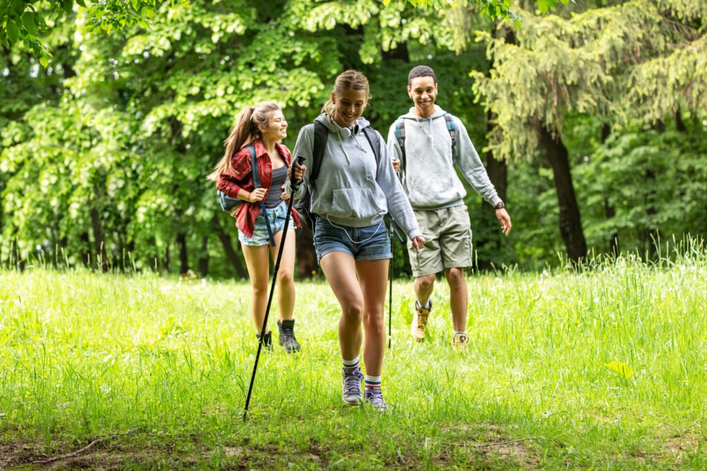 Group of friends hiking in nature.