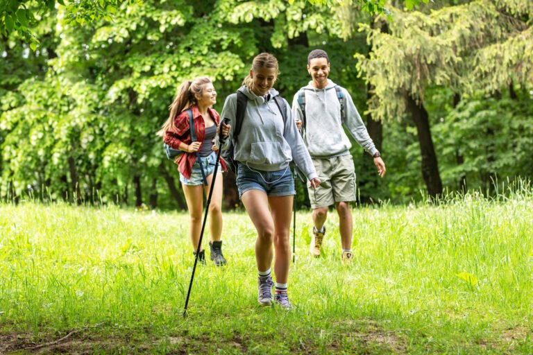 Group of friends hiking in nature.
