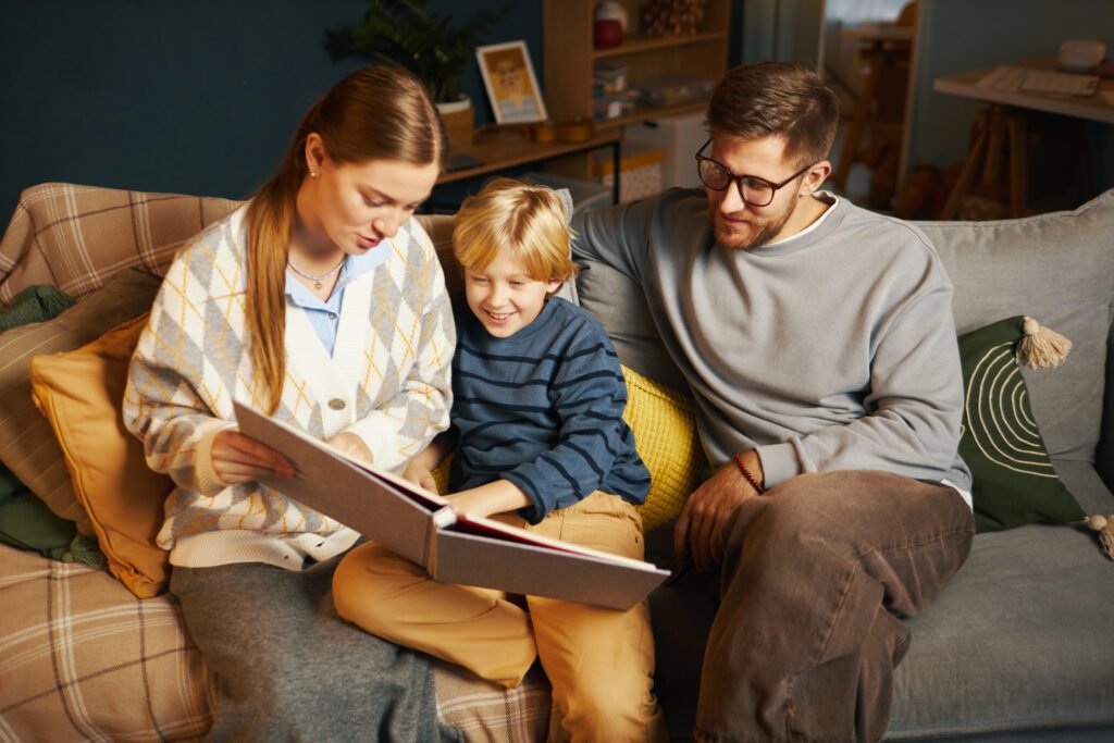 Family Reading Time on Cozy Living Room Sofa