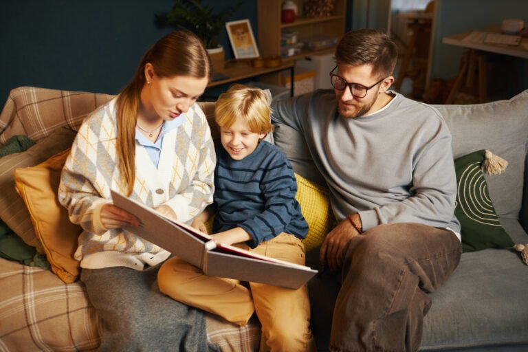Family Reading Time on Cozy Living Room Sofa