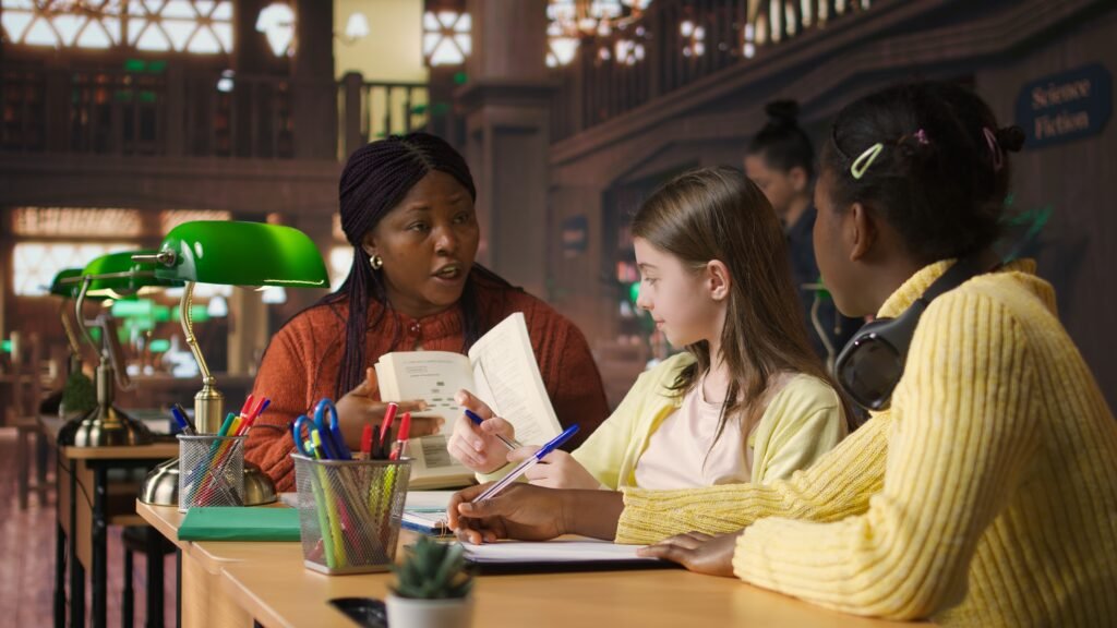 African american mentor offering support to her girls pupils