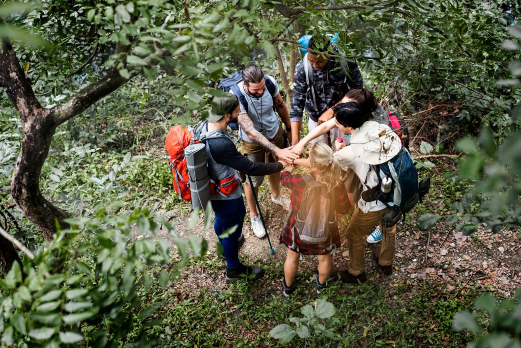 Trekking together in a forest