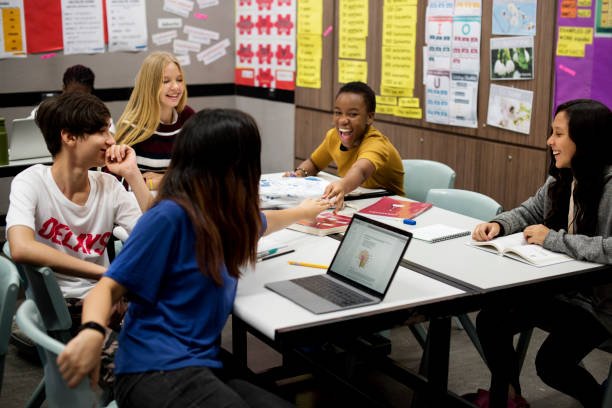Group of diverse high school students studying in class
