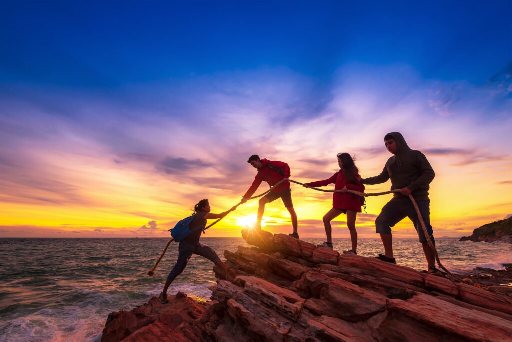 Hikers climbing up on the mountain.